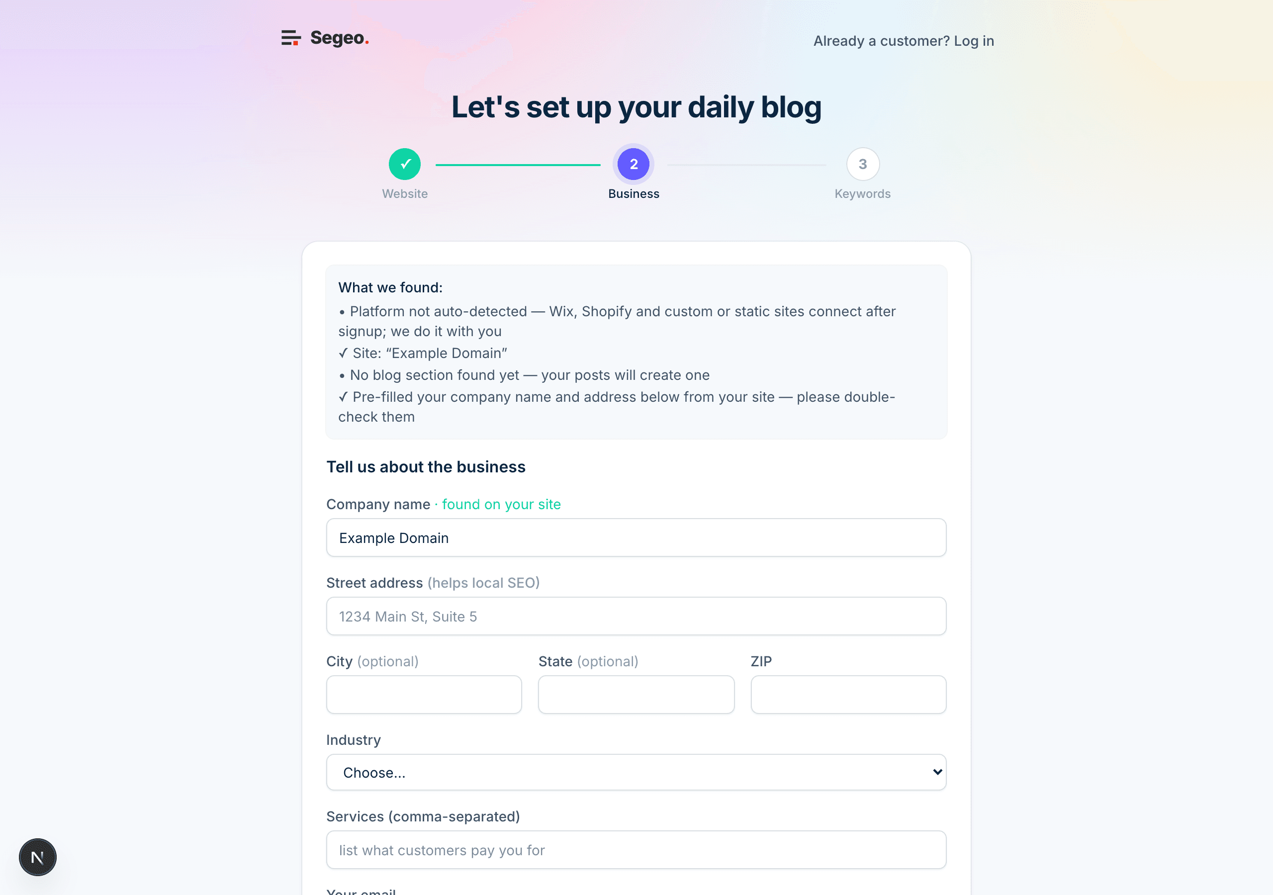 The onboarding wizard's business step